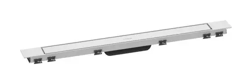 Duschrinne in schmaler, rechteckiger Form mit höhenverstellbarem Rahmen. Oberfläche in Mattweiß. Produkt von Hansgrohe.